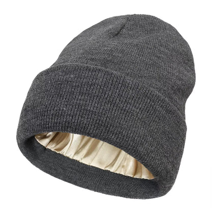 New Unisex Winter Hat Silk Satin Lined Beanies Men and Women Two-Sided Protective Hair Style Warm Knitted Hat Woolen Hat