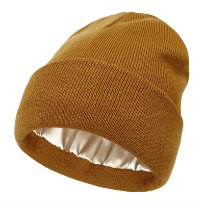 New Unisex Winter Hat Silk Satin Lined Beanies Men and Women Two-Sided Protective Hair Style Warm Knitted Hat Woolen Hat