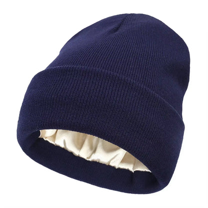 New Unisex Winter Hat Silk Satin Lined Beanies Men and Women Two-Sided Protective Hair Style Warm Knitted Hat Woolen Hat